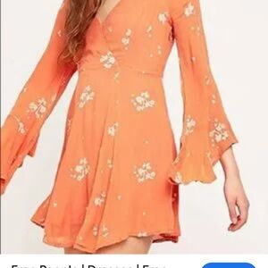 Free People Dress Papaya Orange Floral Mini Sz 6 Embroidered Bell Sleeve Zip